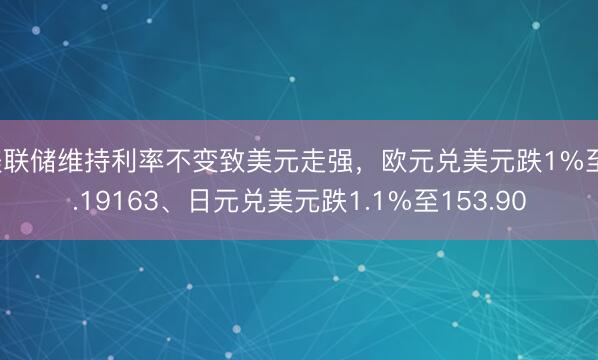 美联储维持利率不变致美元走强，欧元兑美元跌1%至1.19163、日元兑美元跌1.1%至153.90