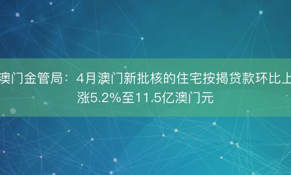 澳门金管局：4月澳门新批核的住宅按揭贷款环比上涨5.2%至11.5亿澳门元